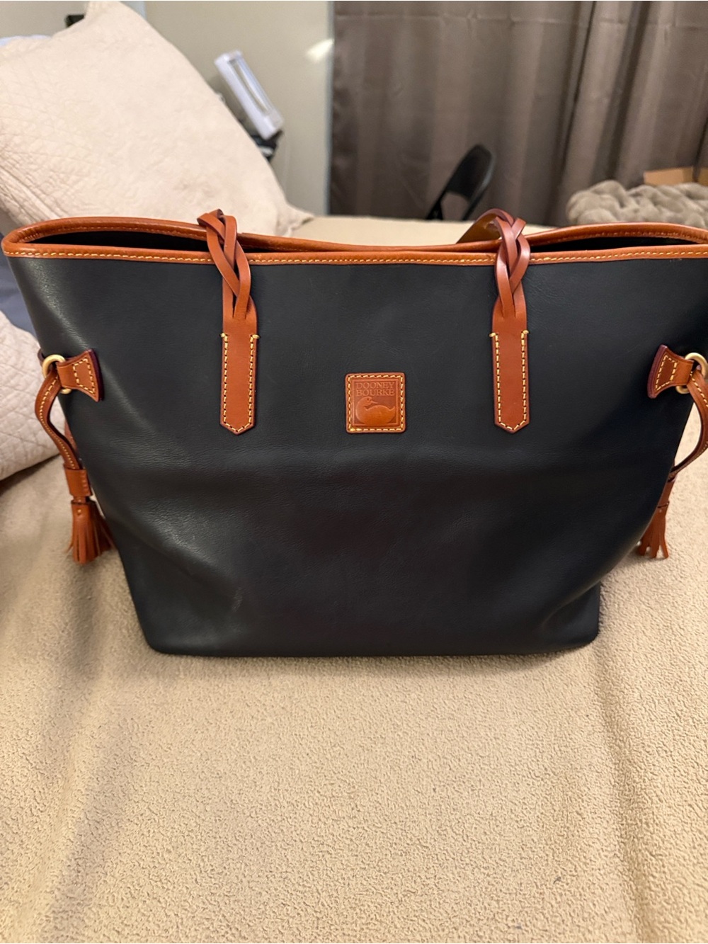 Dooney & Bourke Bailey Black Leather Tote with Brown Trim